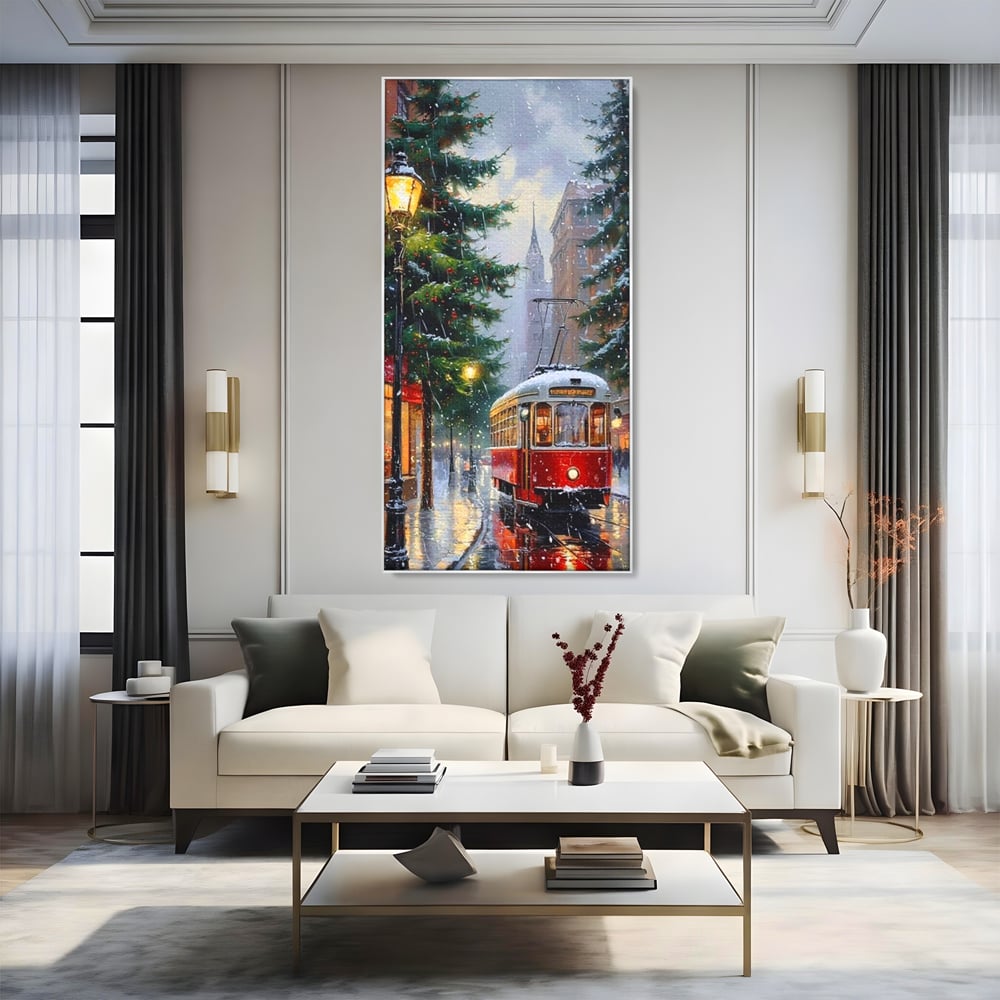 Tablou canvas cu pictura cu tramvai rosu in ninsoare, in rama de aluminiu argintiu, pe perete intr-un living